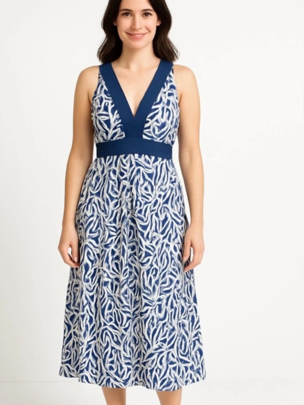 Ann Taylor Silk Navy and White Patterned Halter Midi Dress